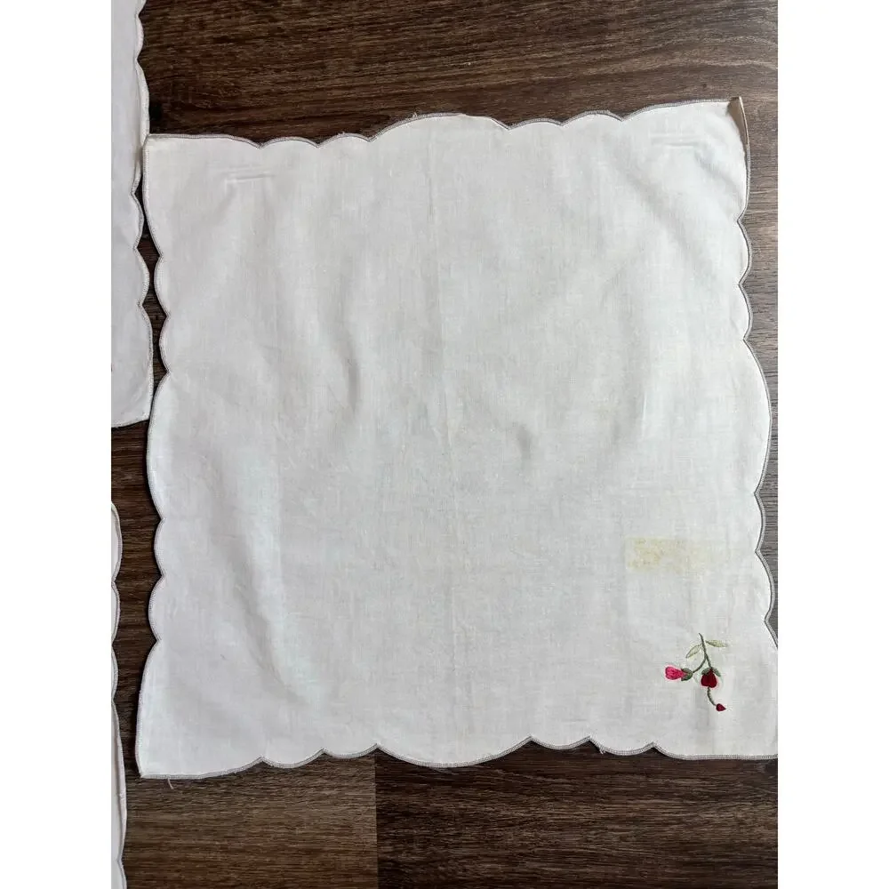 Vintage 5pc Cloth Napkins White Cotton Red Floral Rose Embroidery AS IS 15